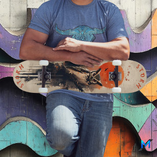 Wise Owl Under Fiery Moon, Retro Wilderness Skateboard