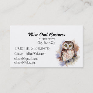 Wise Owl Watercolor Bird Logo Custom Business Card