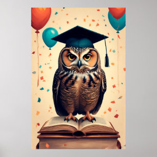 Wise Owl Wearing Graduation Hat Perched on Book Poster