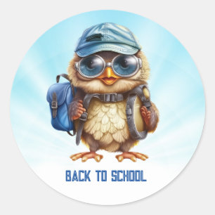 Wise Owl with Blue backpack, hats and an eyeglass, Classic Round Sticker