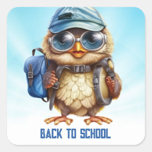 Wise Owl with Blue backpack, hats and an eyeglass, Square Sticker