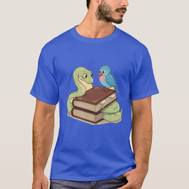 Wise Snake and Bird on a Book funny T-Shirt (Front)