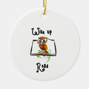 Wise Up and Read Book Owl Funny Kids Cartoon Ceramic Tree Decoration