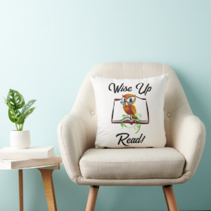 Wise Up and Read Book Owl Funny Kids Cartoon Cushion