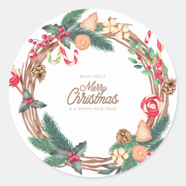 Wish You a Merry Christmas and Happy New Year Classic Round Sticker (Front)
