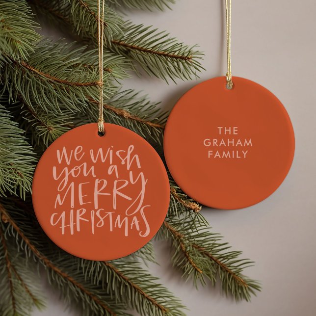 "Wish You a Merry Christmas" Cherry Red Ceramic Tree Decoration (Hand-lettered We Wish You a Merry Christmas carol family name red ornament)