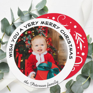 Wish You A Very Merry Christmas   Circle Photo Holiday Card