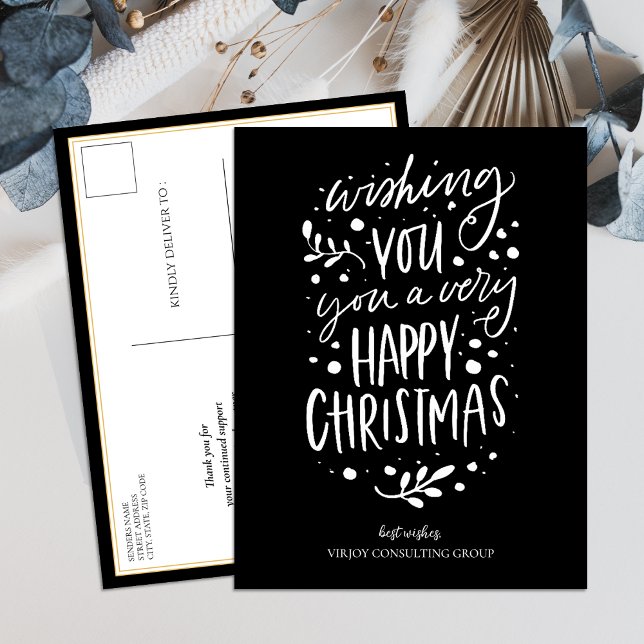 Wish You Merry Christmas Black Script Business Holiday Postcard (Creator Uploaded)