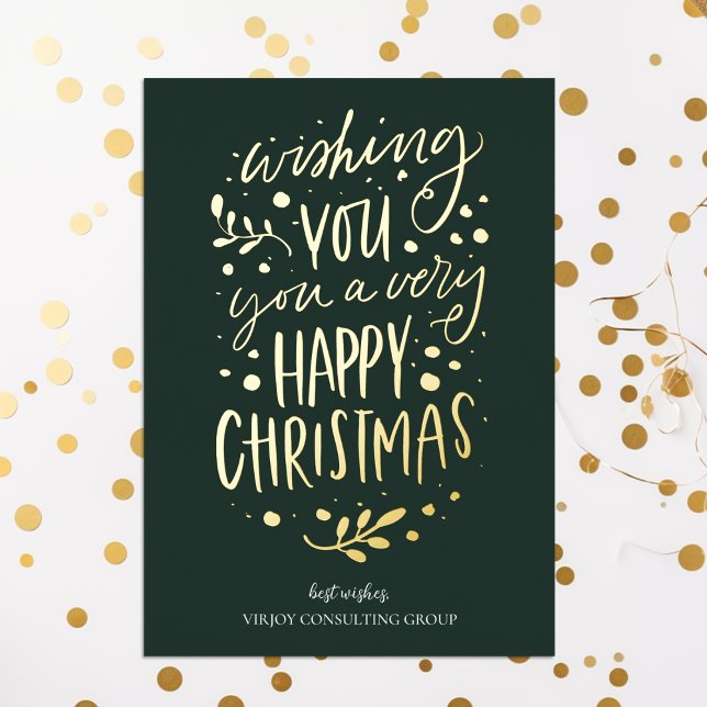 Wish You Merry Christmas Green Gold Business Foil Holiday Card (Creator Uploaded)