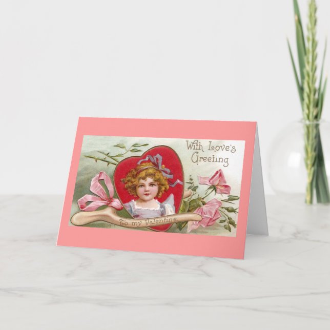 Wishbone, Roses and Girl Vintage Valentine Holiday Card (Front)