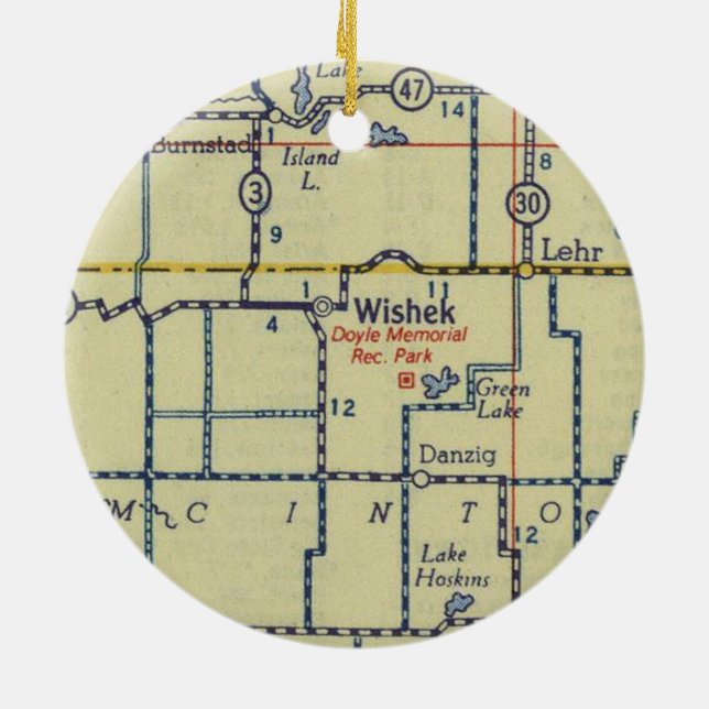 Wishek ND Old Map Ceramic Tree Decoration (Back)