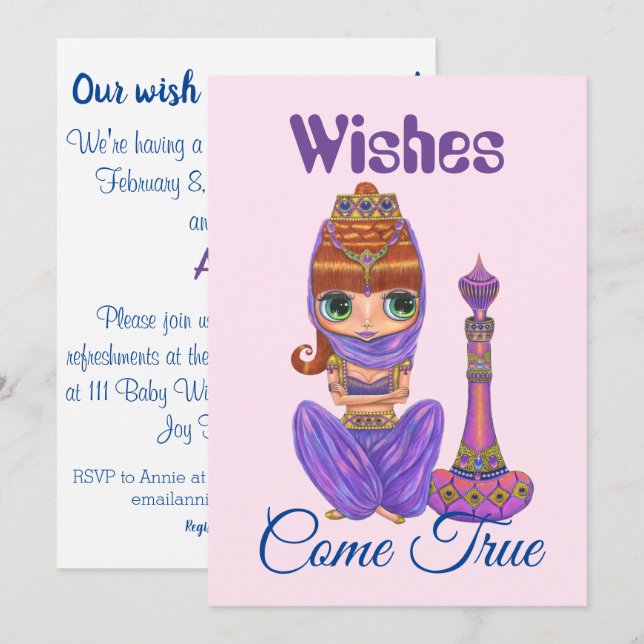 Wishes Come True Cute Genie Girl Doll Baby Shower Invitation (Front/Back)