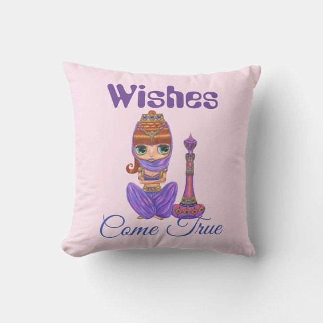Wishes Come True Purple Genie Girl Magic Bottle Cushion (Front)