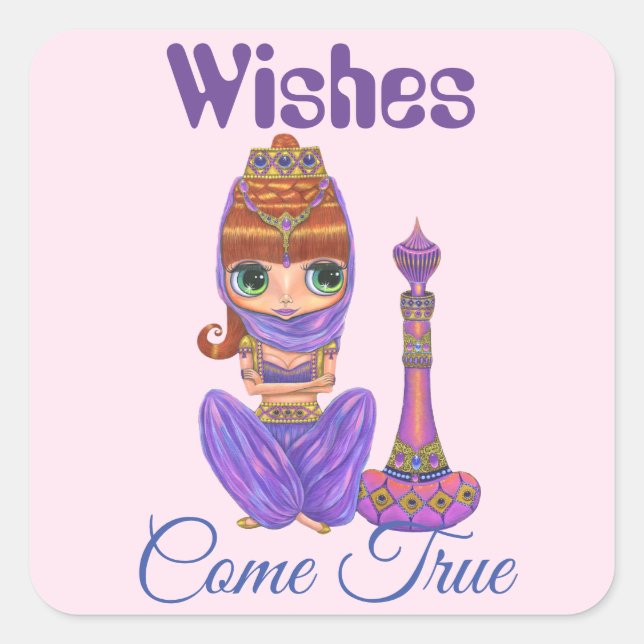 Wishes Come True Purple Genie Girl Magic Bottle Square Sticker (Front)