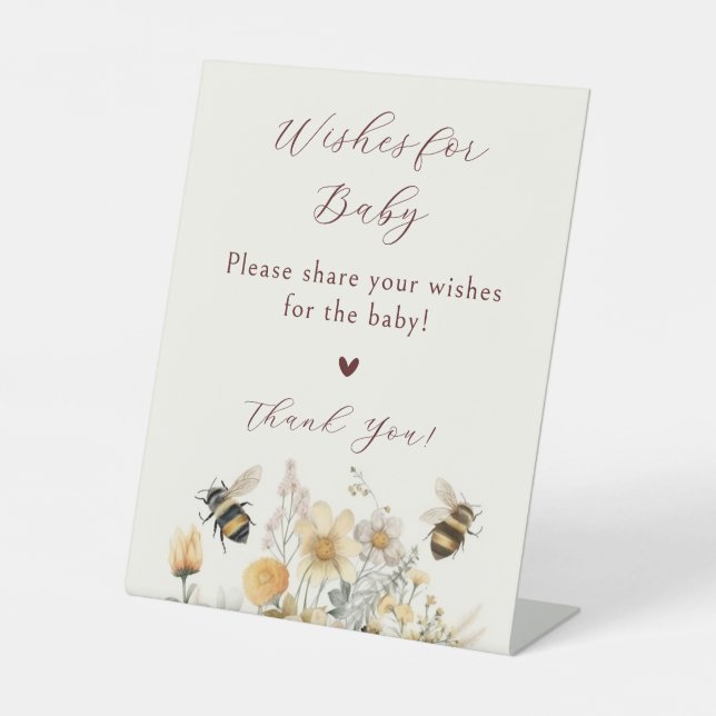 Wishes For Baby Baby Shower Bee Wildflower Floral Pedestal Sign (Front)