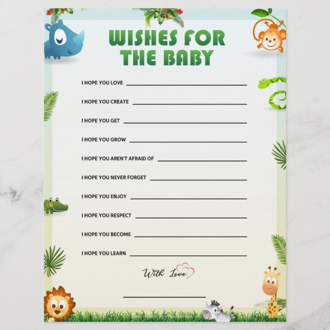 Wishes For Baby Baby Shower Game [Animal Theme] Custom Letterhead (Front)