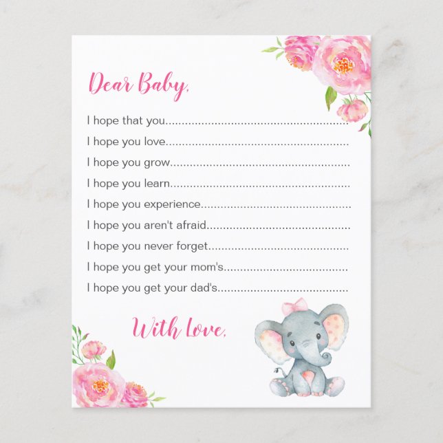 Wishes for Baby Cards Pink Girl Elephant Shower (Front)