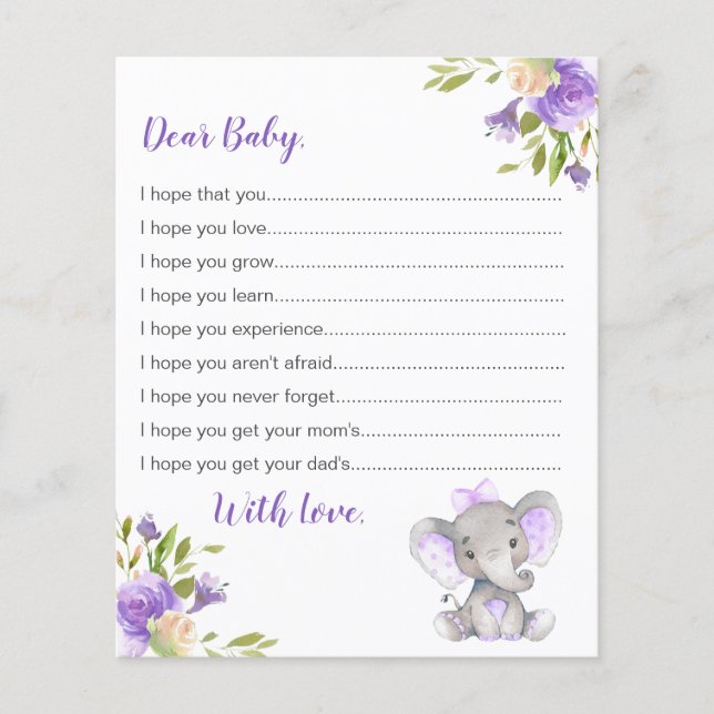 Wishes for Baby Cards Purple Girl Elephant Shower (Front)