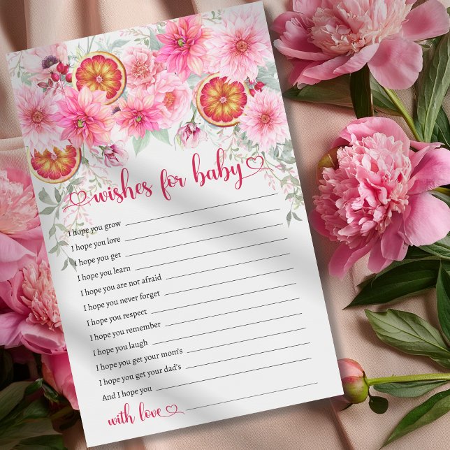 Wishes For Baby Citrus Pink Baby Shower Game (Wishes for baby citrus with pink watercolor flowers baby shower game, girl baby shower,)