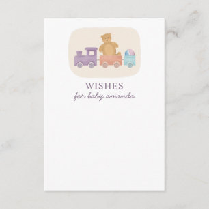 Wishes for baby. Cute toys train and bear. Advice Enclosure Card