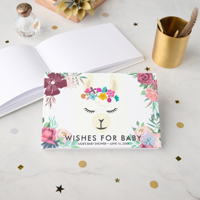 Wishes for Baby | Floral Llama Baby Shower Guest Book (Front Open)