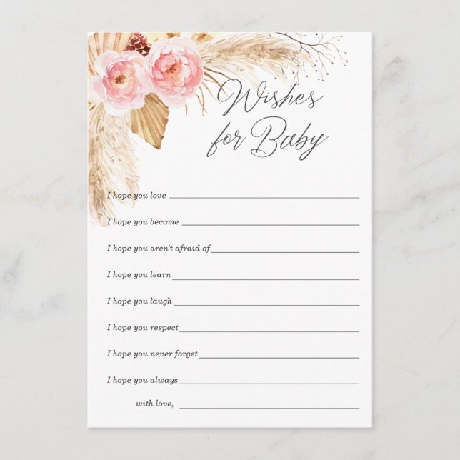 Wishes for baby girl, Boho pink Floral pampas Advice Card (Front)