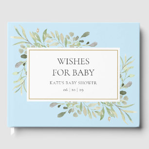 Wishes for Baby Greenery Watercolour Blue Shower Guest Book