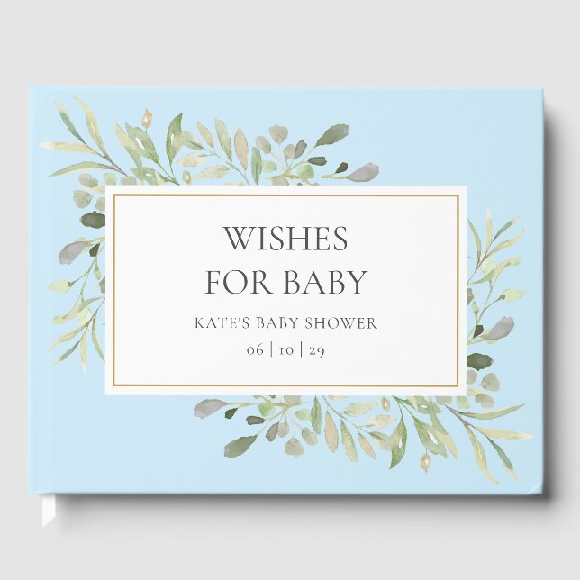 Wishes for Baby Greenery Watercolour Blue Shower Guest Book (Front)