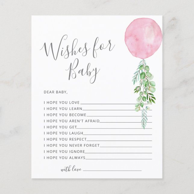 Wishes for Baby Pink Balloon Baby Shower Game (Front)