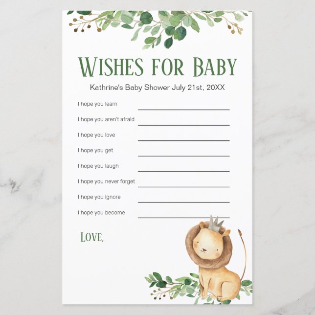 Wishes for Baby Prince Lion Greenery Floral  (Front)