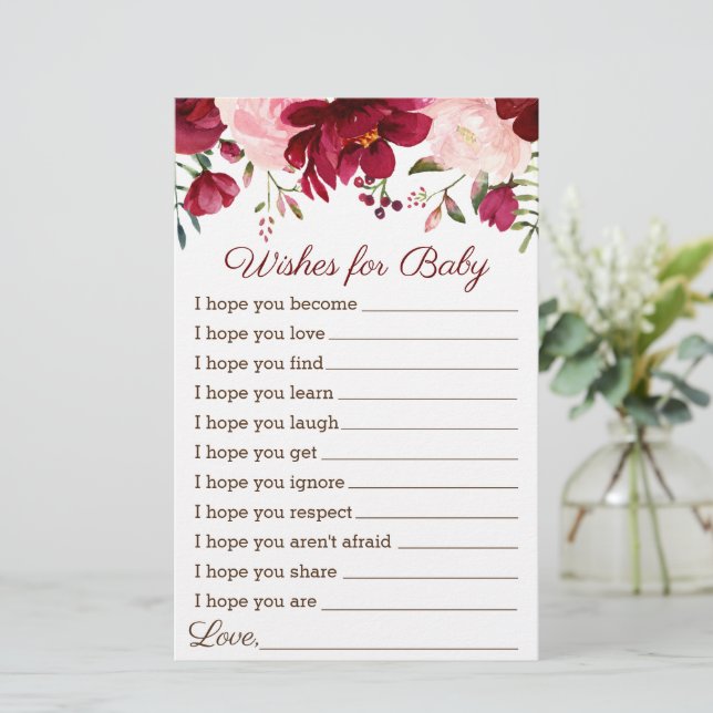 Wishes for Baby Shower Game Burgundy Pink Floral  (Standing Front)