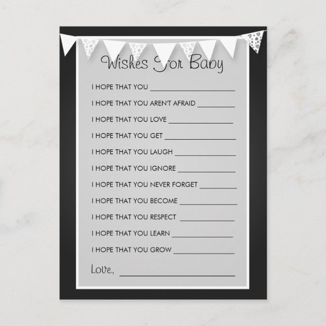 Wishes For Baby Shower Love Bunting  Black Advice Card (Front)