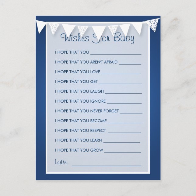 Wishes For Baby Shower Love Bunting  Blue Advice Card (Front)