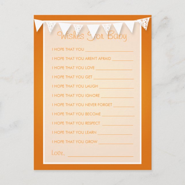 Wishes For Baby Shower Love Bunting  Orange Advice Card (Front)