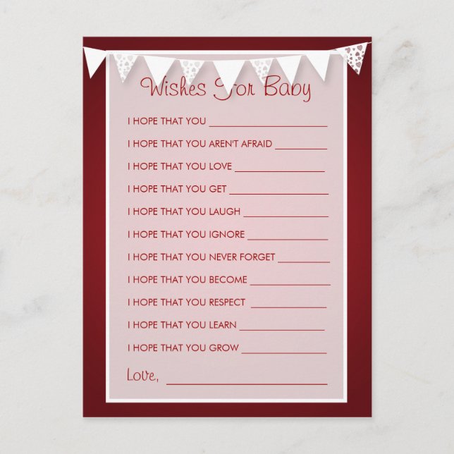 Wishes For Baby Shower Love Bunting  Red Advice Card (Front)