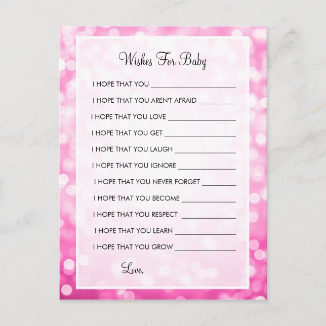 Wishes For Baby Shower Pink Glitter Lights Advice Card (Front)