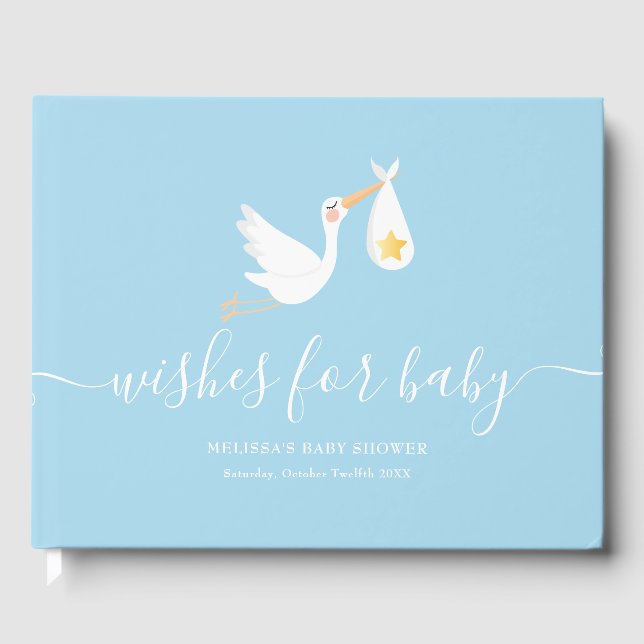Wishes for Baby Stork Star Baby Boy Blue Shower Guest Book (Front)