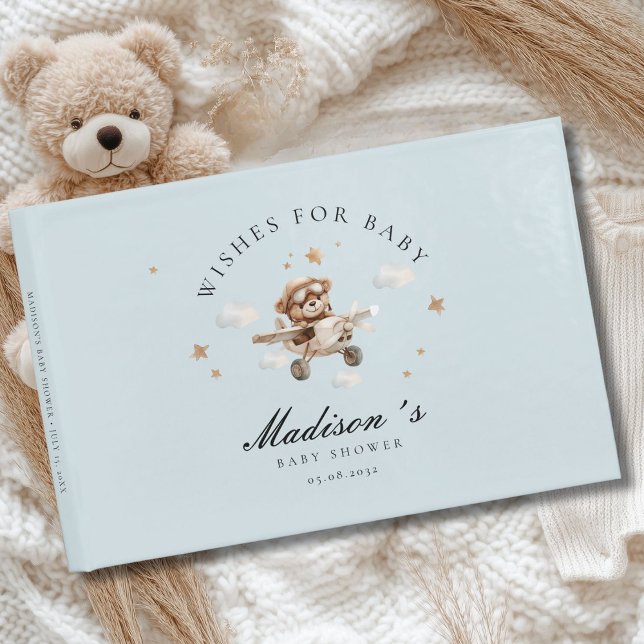 Wishes for Baby! Teddy Bear & Aeroplane Guest Book (Personalized "Wishes for Baby!" Baby Shower, Soft-Blue Guest Book. For Baby Boy.)