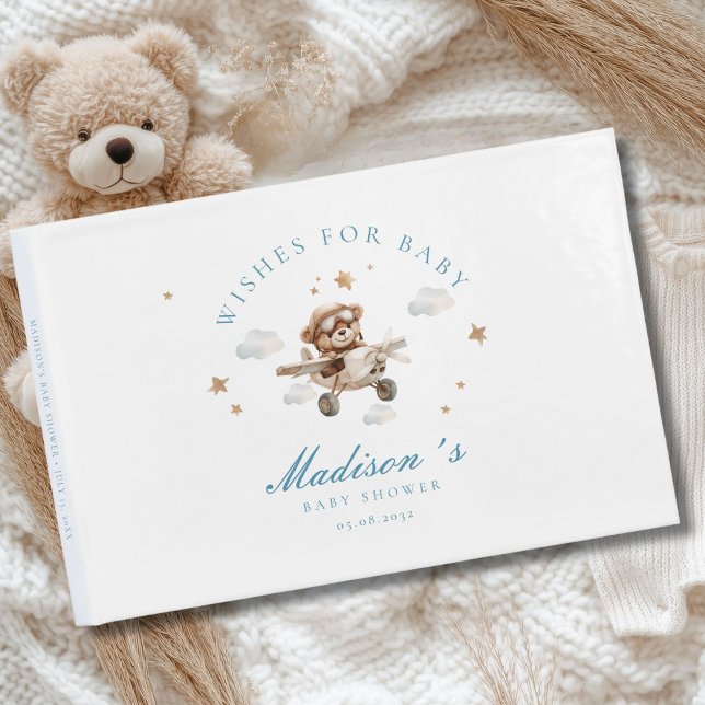 Wishes for Baby! Teddy Bear & Aeroplane Guest Book (Personalized "Wishes for Baby!" Baby Shower, White Guest Book. For Baby Boy.)