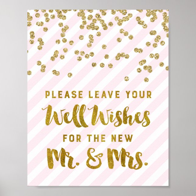 Wishes for Mr & Mrs Wedding Sign Pink Gold Stripes (Front)