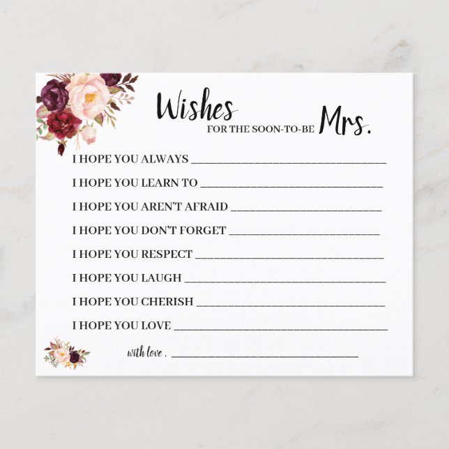 wishes for Soon to be Mrs Marsala Shower Card (Front)