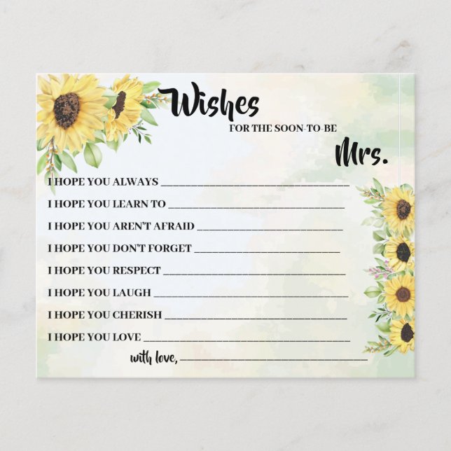 Wishes for Soon to be Mrs Sunflowers Shower Card (Front)