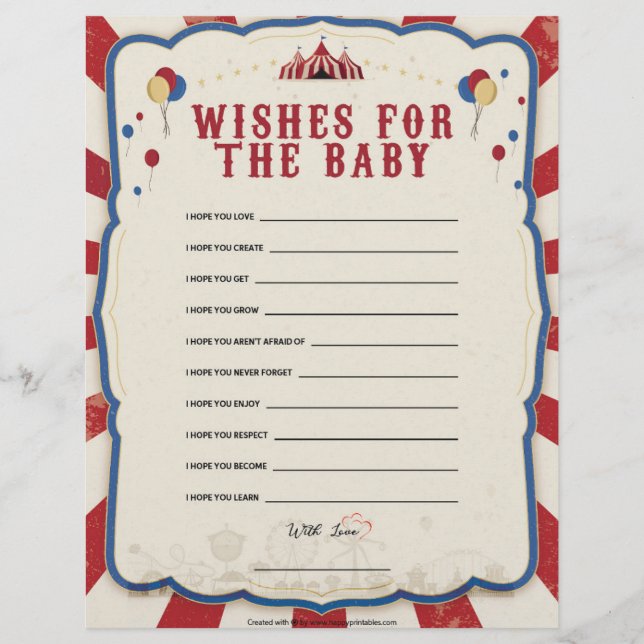 Wishes For The Baby [Circus Theme] Custom Letterhead (Front)