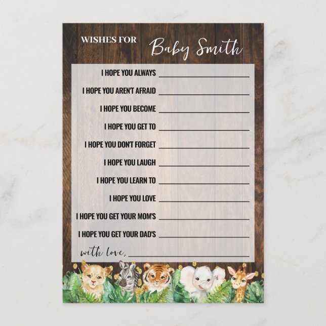 Wishes for the Baby Safari Baby Shower Game Card (Front)