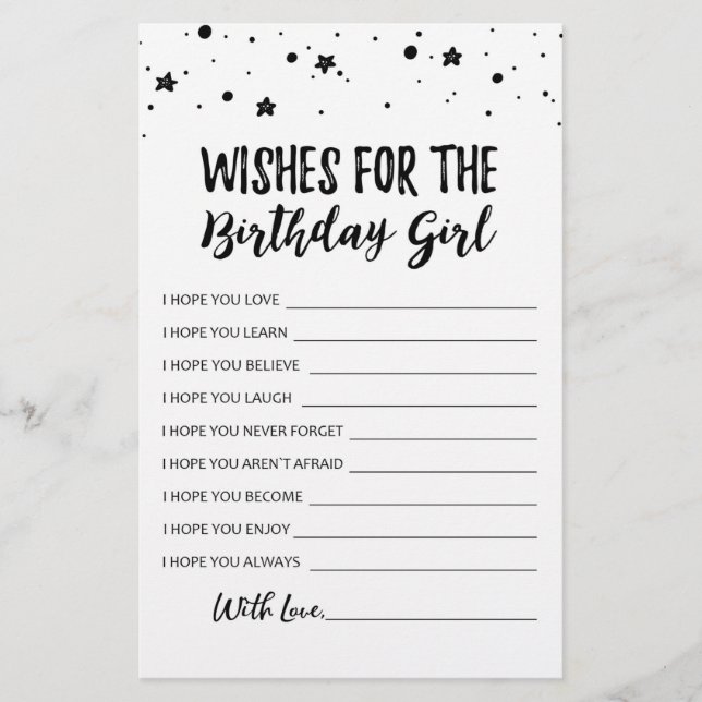 Wishes for the Birthday girl Birthday Party game (Front)