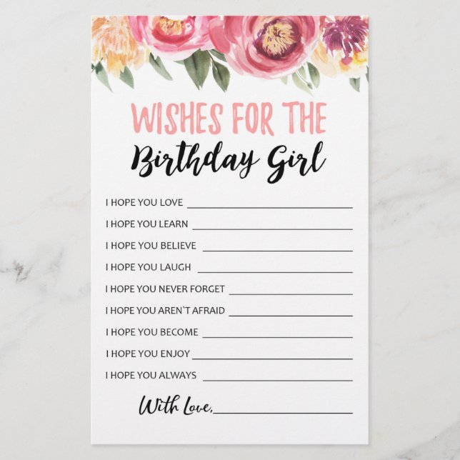Wishes for the Birthday girl Birthday Party game (Front)