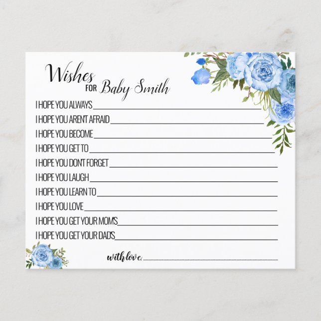 Wishes for the New Baby blue baby shower card (Front)