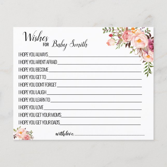 Wishes for the New Baby pink shower game card (Front)