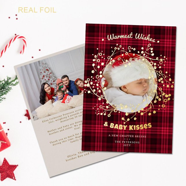 Wishes Kisses Cosy Red Plaid Baby Announcement (rustic red plaid whimsical gold wreath baby announcement family christmas card two photos rustic)