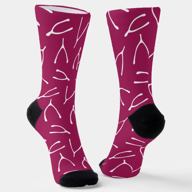 Wishing Bones Wishbone Pattern Pink White Socks (Angled)